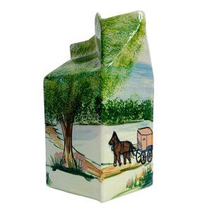 Farmhouse Amish Ceramic Milk Carton Vase VTG 1977 Horse Buggy Artist Signed